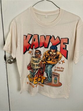 Kanye West Graphic Short Sleeve Tee - Cream with Red & Multicolor Print